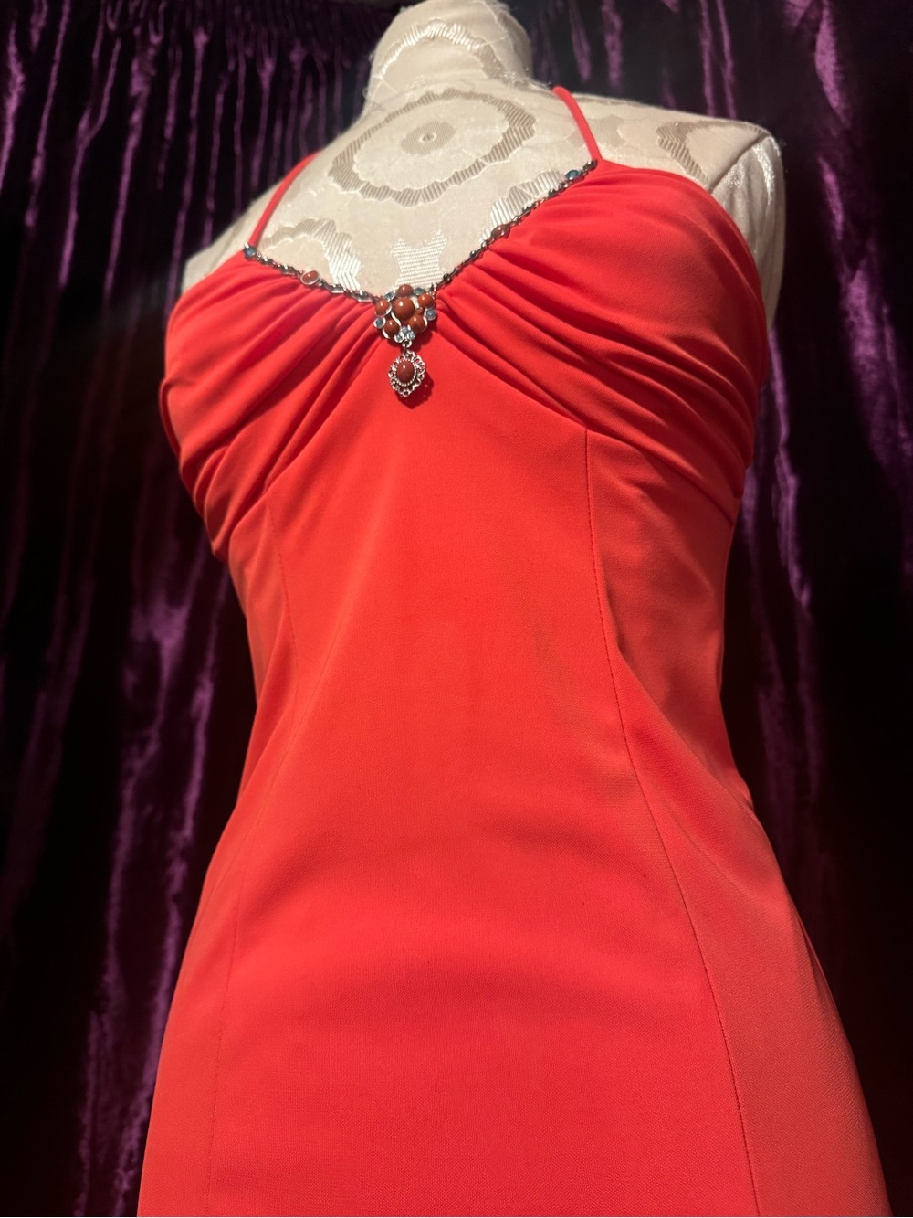 Orange Halter Evening Gown with Jewel Detail - Picture 5 of 9